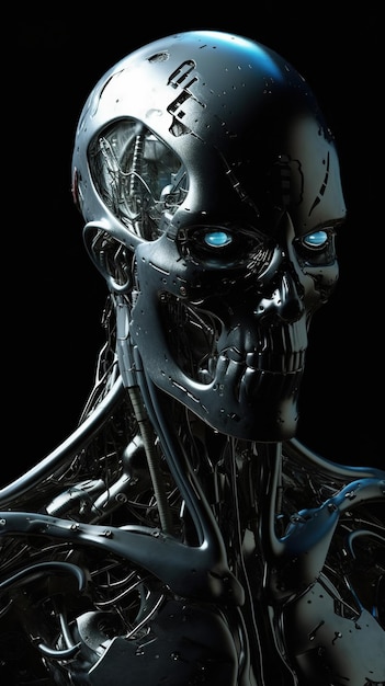 A robot head with blue eyes and a black background.