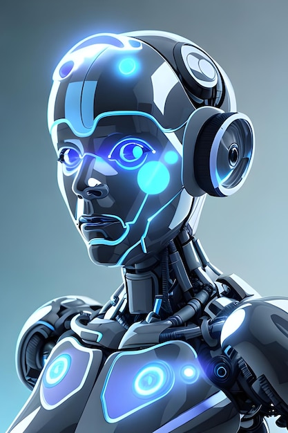 A robot head with blue eyes and a glowing blue light.