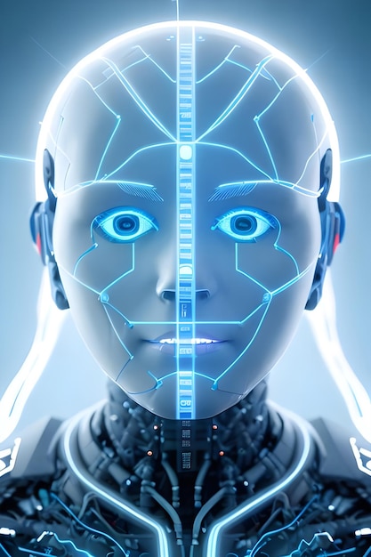 A robot head with blue eyes and a glowing blue light.