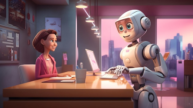 robot helping around a woman at the office UHD Wallpaper