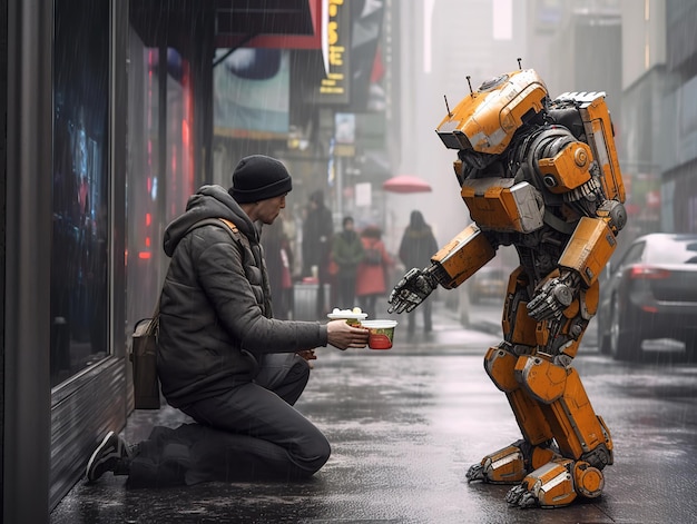 robot helping homeless people future unemployment concept AI robot jobs