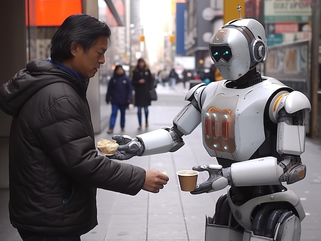 robot helping homeless people future unemployment concept AI robot jobs