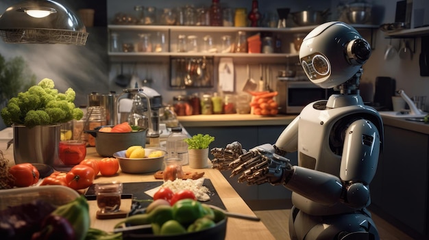 Robot helping man in kitchen to cook food