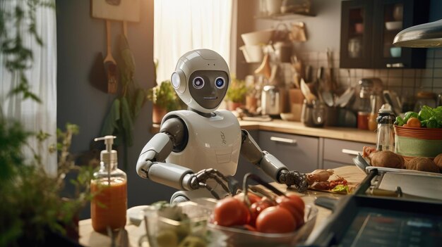 Robot helping man in kitchen to cook food