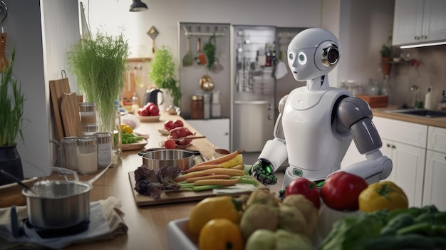 Robot helping man in kitchen to cook food