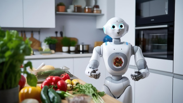 Robot helping man in kitchen to cook food