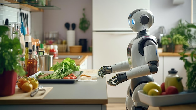 Robot helping man in kitchen to cook food