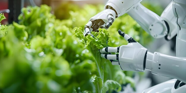 Photo robot helps grow plants in advanced hydroponic greenhouse using modern technology concept hydroponics greenhouse technology robotics plant growth modern agriculture