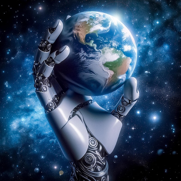 Robot holding Earth planet in his hands