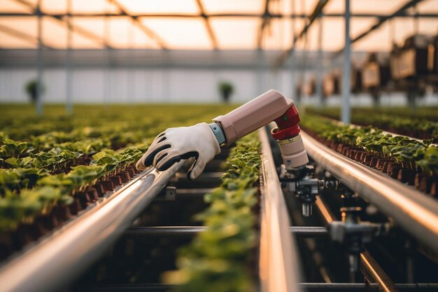 Robot holding green plant in greenhouse