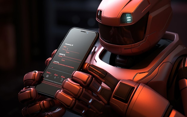 Photo a robot holding a phone with the word robot on it