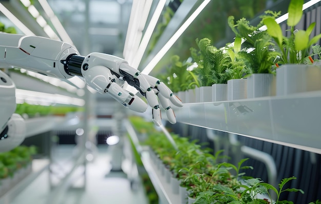 a robot holding a plant in a greenhouse with the hands holding a green plant