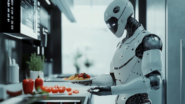 Robot holding a plate of food in a modern kitchen