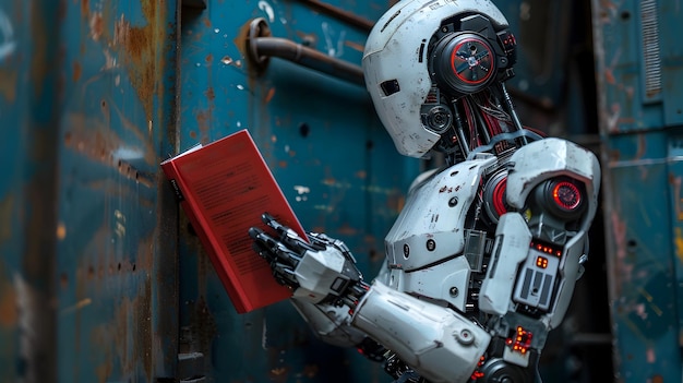 Robot Holding and Reading Open Red Book on Dark Blue Background