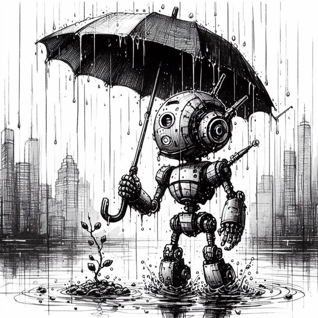 robot holding an umbrella in the rain