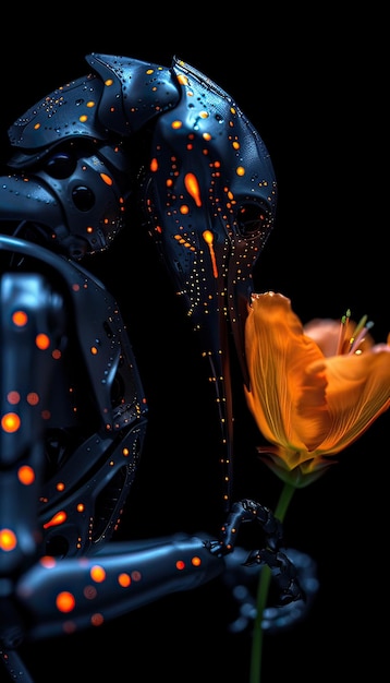 A robot holds a delicate flower against a black background