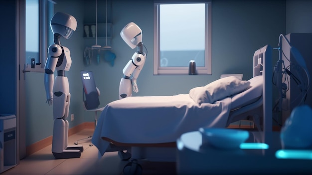 A robot in a hospital room with a window that says robot on it.