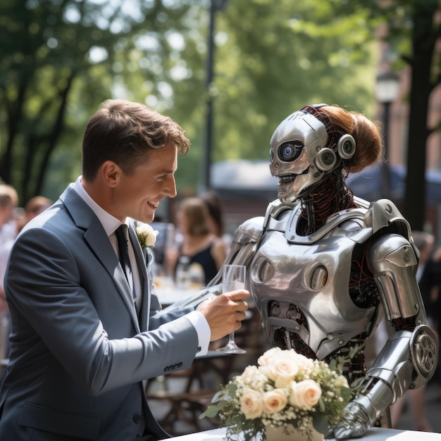 a robot and a human celebrating their wedding