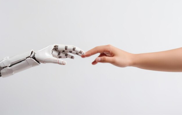 Robot and human hand The connection between AI technology and man Handshake