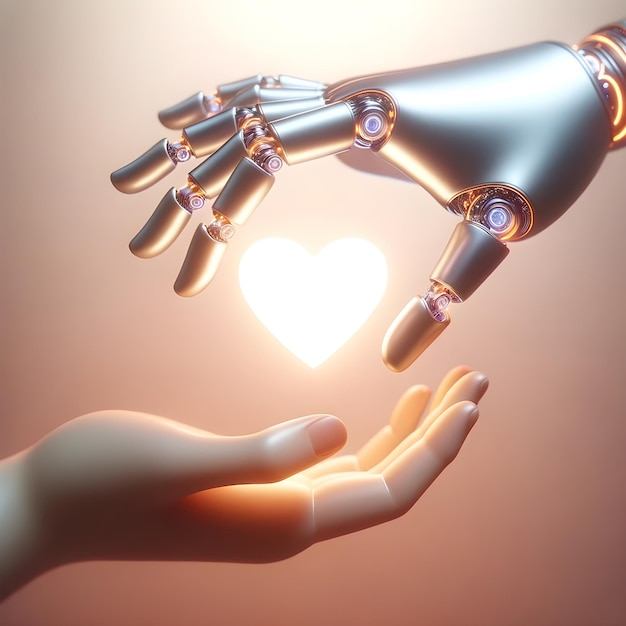 Robot and Human Hand Holding a Light Heart