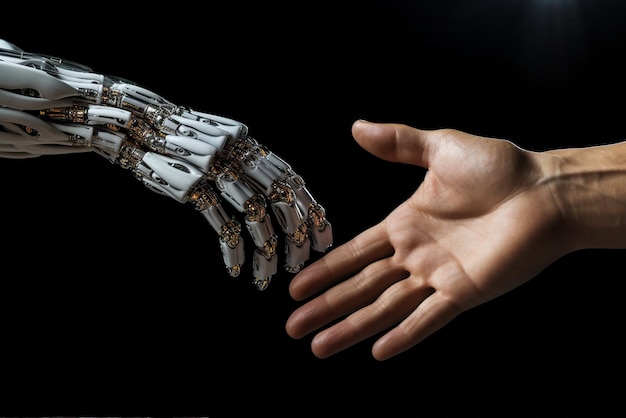 robot and human handshake on a black background