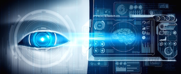 Robot humanoid face close up with graphic concept of big data analytic