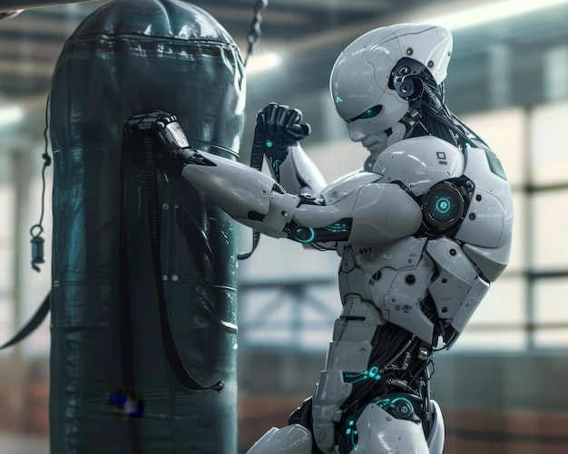 A robot humanoid in a powerful stance delivering a punch to a heavy punching bag