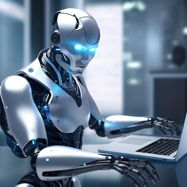 Robot humanoid working with laptop computer in office 3D rendering