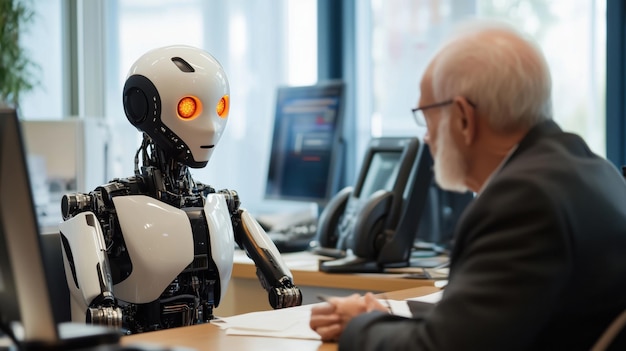 Robot interacting with elderly man in office setting