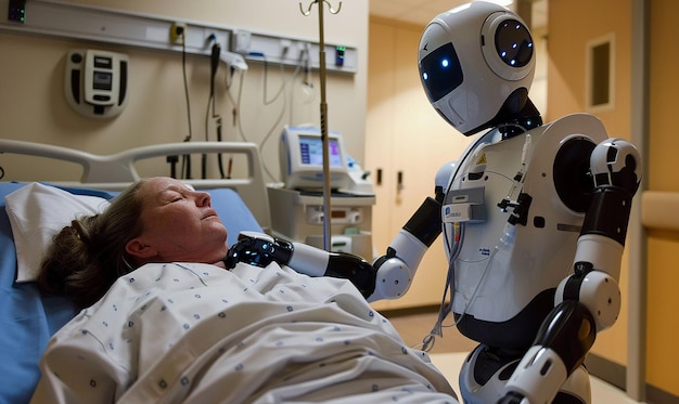 a robot is being held by a man in a hospital bed