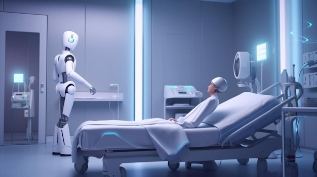 A robot is being pushed into a hospital bed.