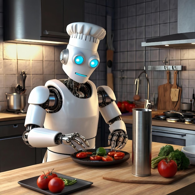 Photo a robot is cooking in a kitchen with tomatoes and tomatoes ai generated