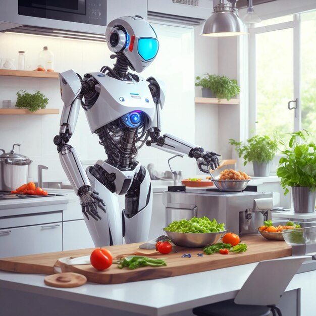 A robot is cooking in a kitchen with vegetables and fruits