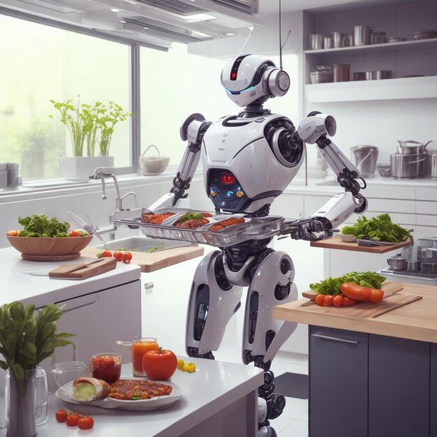 A robot is cooking in a kitchen with vegetables and fruits