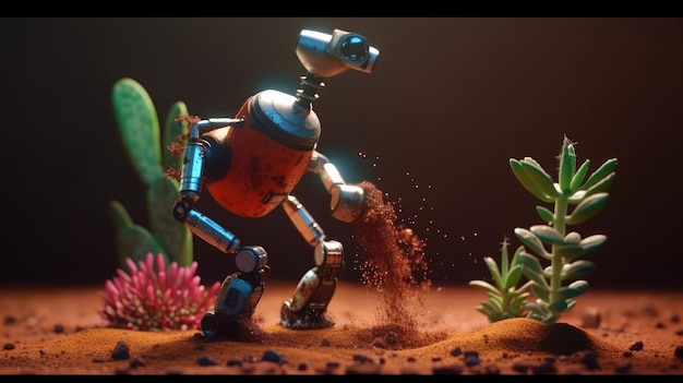 A robot is digging a hole in the ground with a plant in the background.