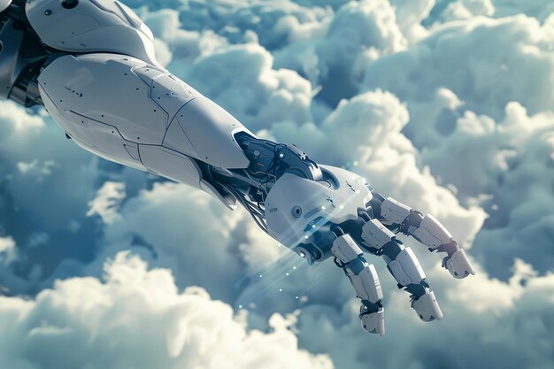 a robot is flying through the clouds in the sky