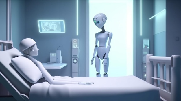 A robot is on a hospital bed with a woman in the background.