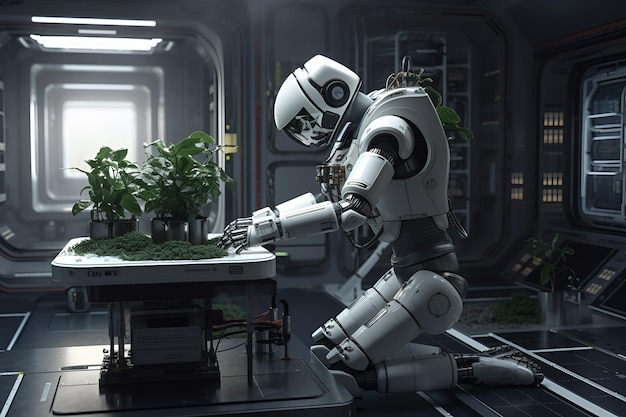 A robot is kneeling over a table with a plant in the background.