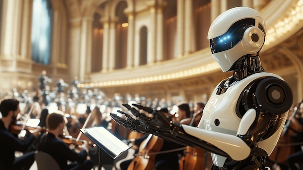 Photo a robot is playing music in a opera by a group of musicians