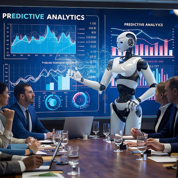 a robot is pointing at a presentation in a conference room