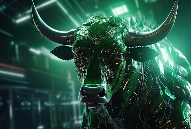 a robot is rendering an image of a bull against green in the style of dynamic linear compositions