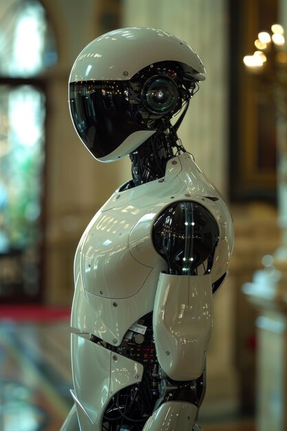 Photo a robot is seen standing upright in a room with its mechanical structure and features clearly visibl