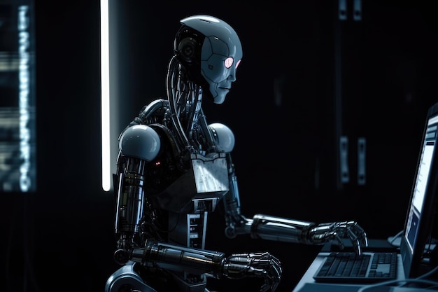 Robot is sitting in front of a big modern computer generative ai