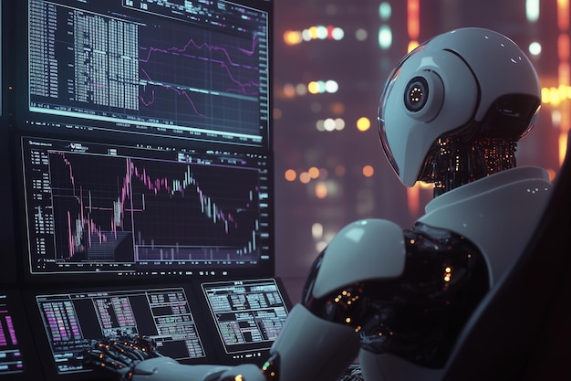 a robot is sitting in front of a computer with a graph showing on it