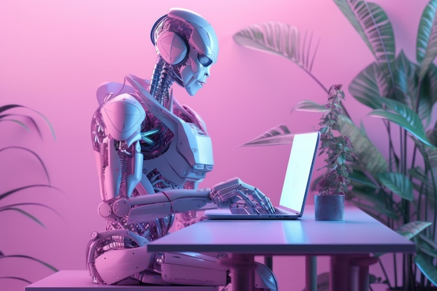 The robot is sitting at the table Gpt Chat neon background artificial intelligence high technology