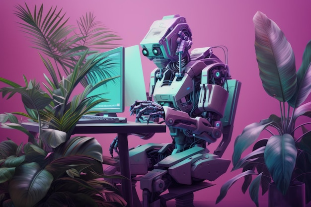 The robot is sitting at the table Gpt Chat neon background artificial intelligence high technology