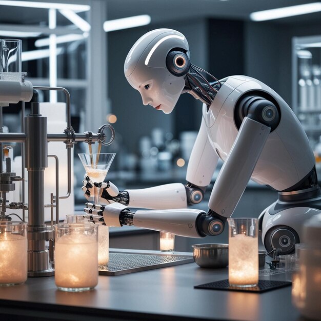 Photo a robot is sitting on a table with a bottle of alcohol