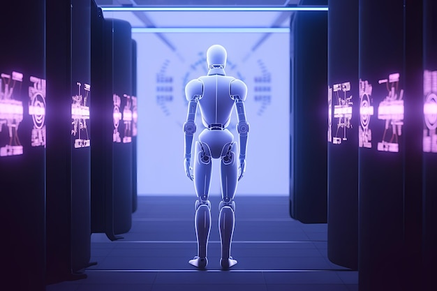 A robot is standing in a dark room with a pink light on the wall.