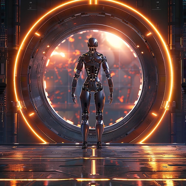 a robot is standing in front of a circle that says quot robot quot