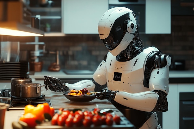 a robot is standing in front of a table full of vegetables Ai photo